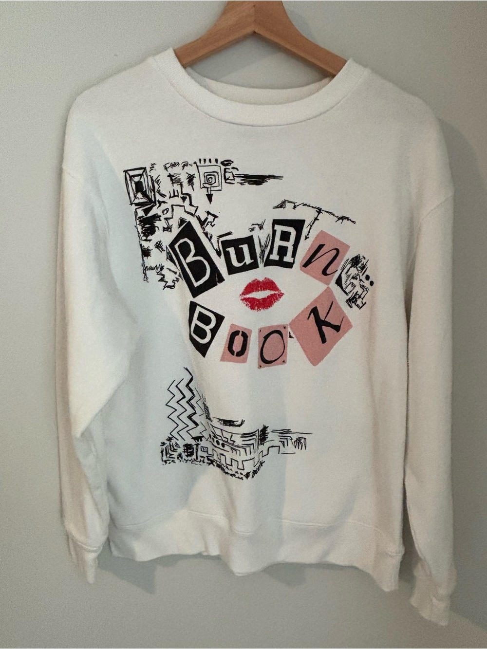 Women's White Crewneck Sweatshirt with Pink & Black 'Burn Book' Graphic